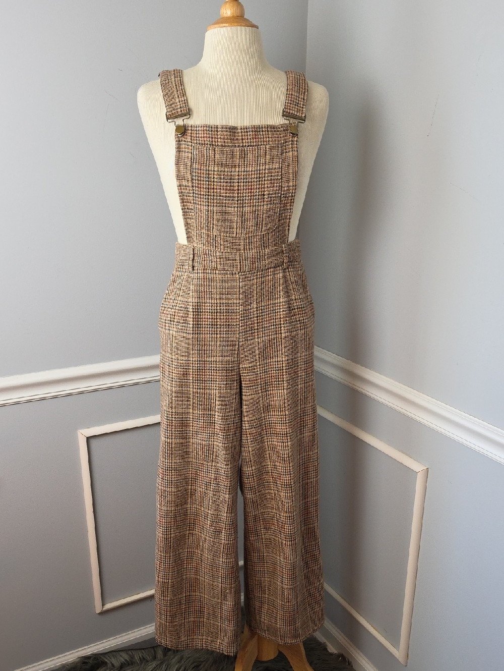 CIDER Women's Tan Houndstooth Plaid Preppy Straight Wide Leg Side Zip Overall XS - Picture 2 of 10